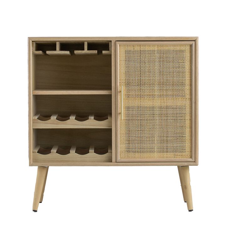 Dana 31 Inch Wood Wine Cabinet, 2 Shelves, Glass Hanger, Rattan Door, Brown-Benzara