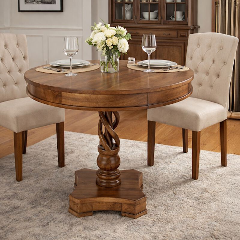 30 Inch Handcrafted Round Mango Wood Dinette, Artisanal Twisted Pedestal Base, Walnut Brown image number 1