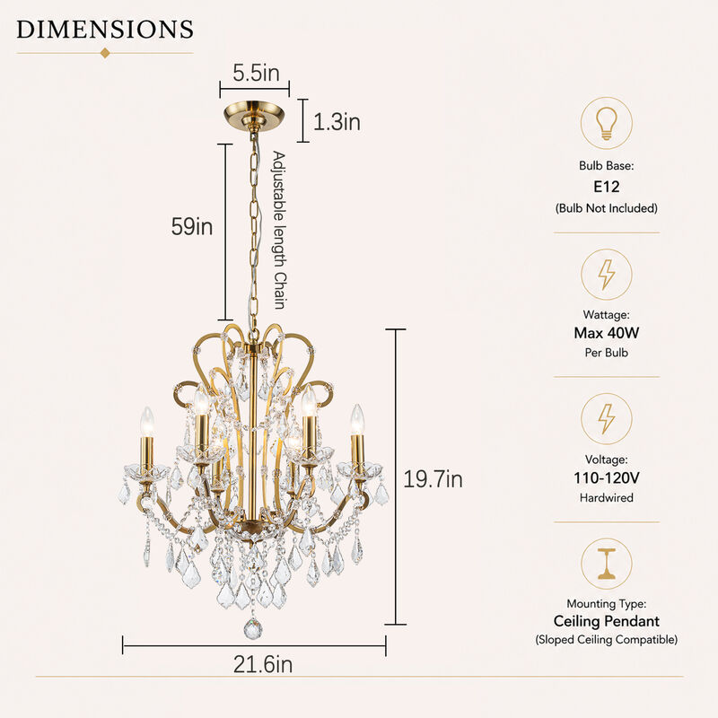 Crystal Chandelier with Brass Finish, Modern Glam 6-Light Ceiling Fixture image number 3