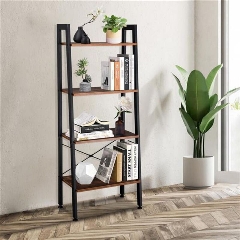 4-Tier Industrial Ladder Shelf Vintage Bookshelf and Storage Rack for Office, Bathroom, and Living Room Organization