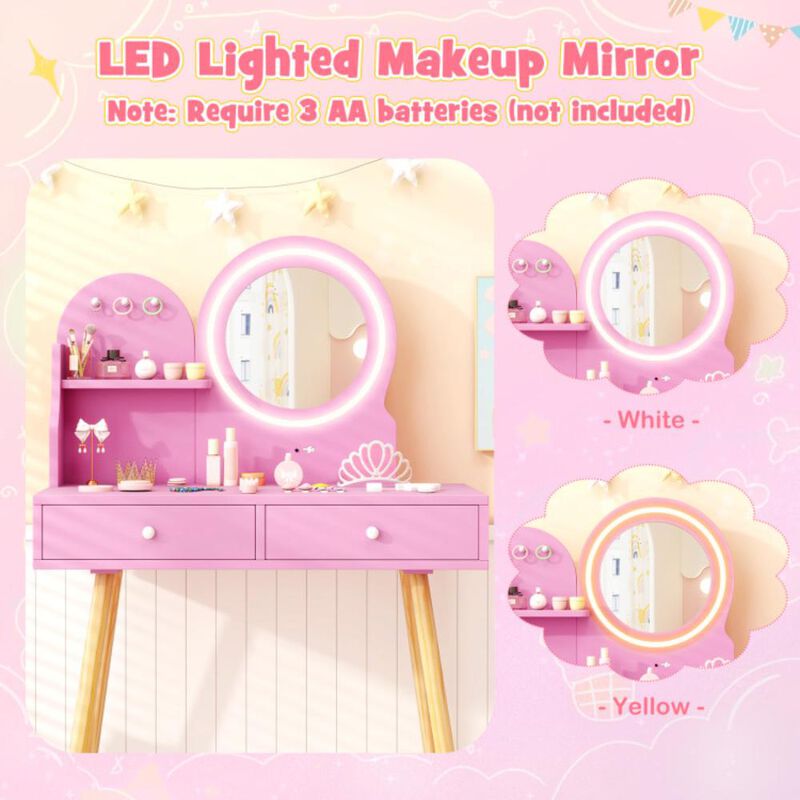 Hivvago Kids Princess Makeup Dressing Desk and Chair Set with Mirror and Lights