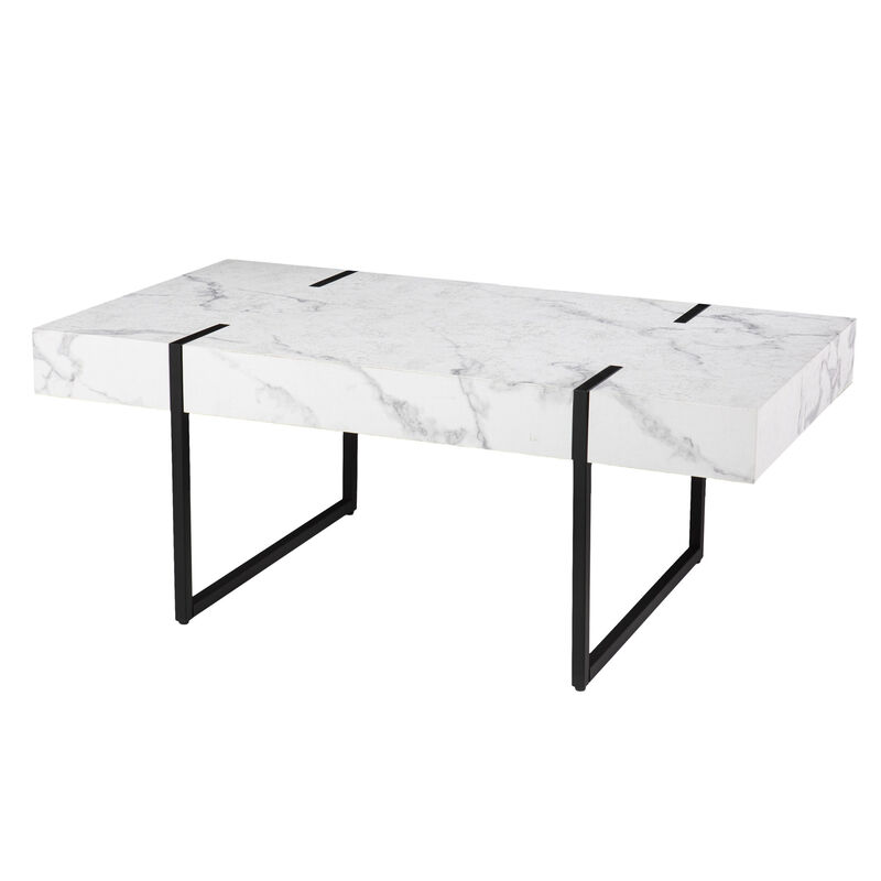 Hivvago 43 Inch  White And Black Faux Marble And Metal With Iron Coffee Table