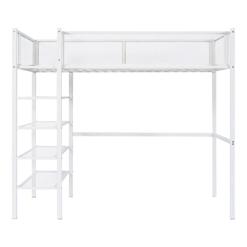 Twin Size Metal Loft Bed with 4Tier Shelves and Storage, White