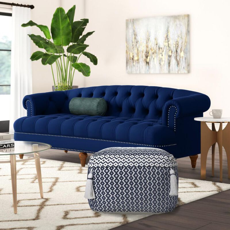 Hivvago 18 Inch Blue Cotton Geometric Pouf Ottoman