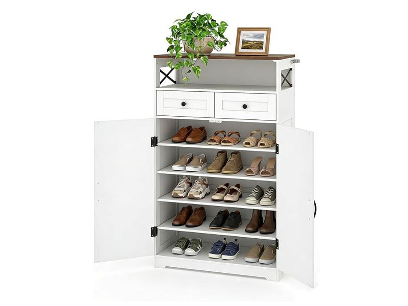 Slim Entryway Shoe Storage Cabinet Adjustable Shelves White image number 0