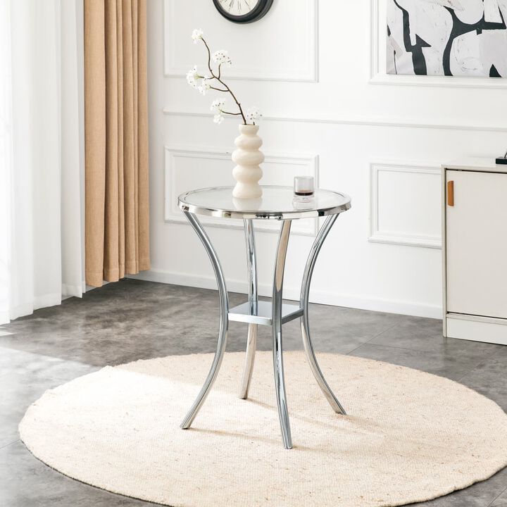 Round Bar Table with Tempered Glass Top Stainless Steel Wrapped Bar Table with Storage Shelf Bistro Bar Table for Cafe Kitchen Dining