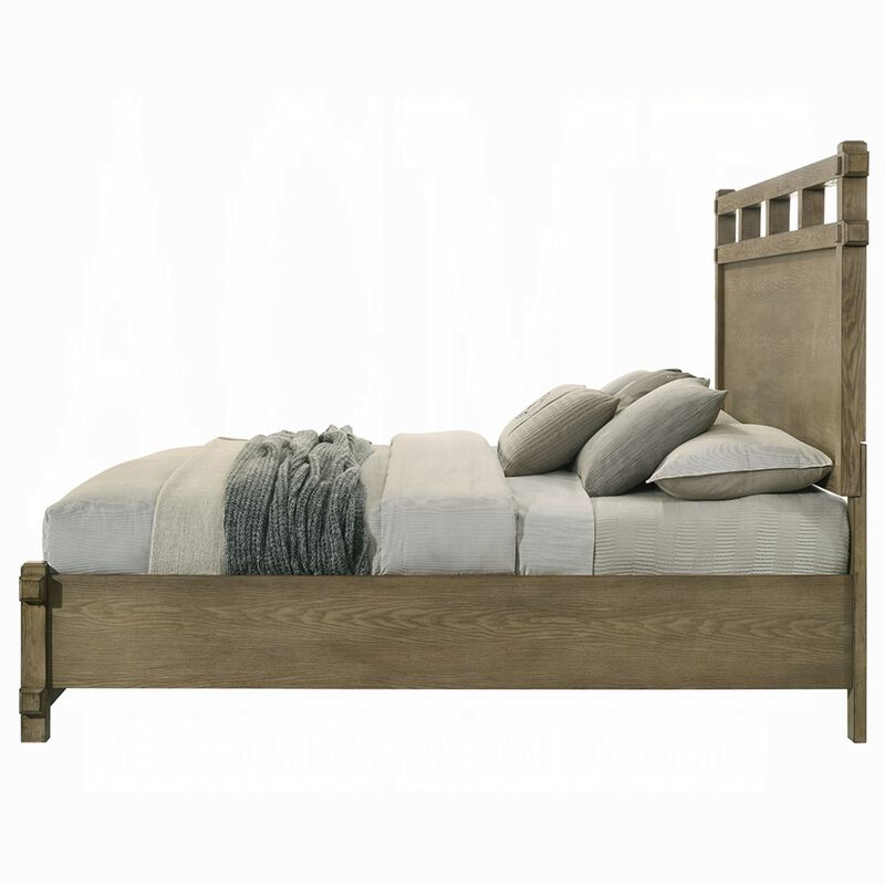 Cera Queen Size Bed, Panel Headboard with Top Rails, Antique Oak Brown image number 3