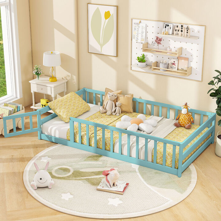 Twin Size Wood Montessori Floor Bed for Kids with Safety Fence and Door