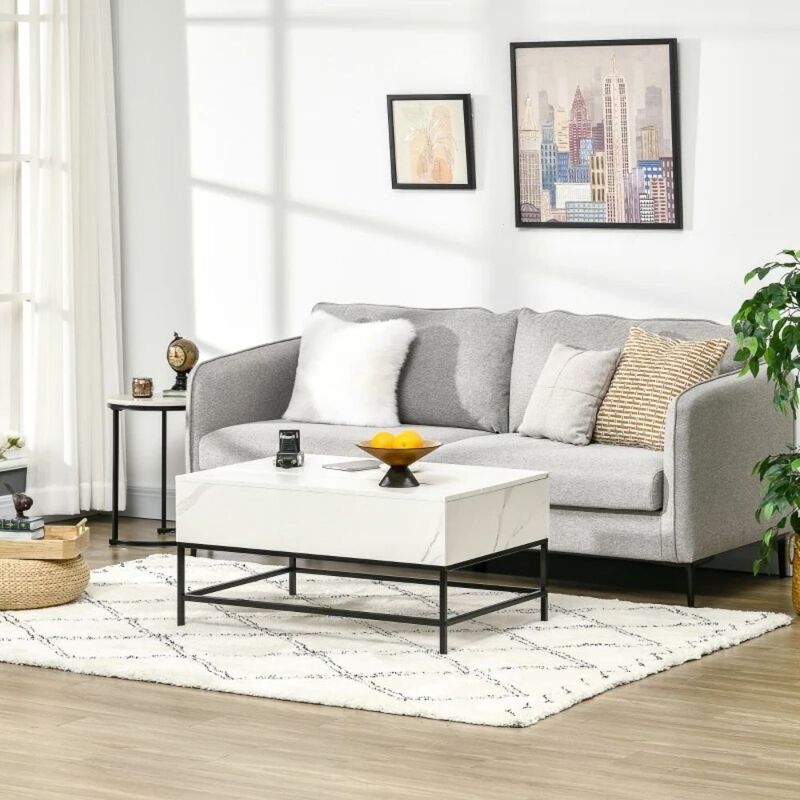 Hivvago Modern White Lift Top Coffee Table w/ Hidden Storage Black Metal Legs
