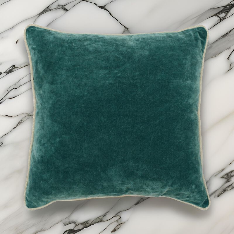Square Fabric Throw Pillow with Solid Color and Piped Edges, Teal Green - Benzara