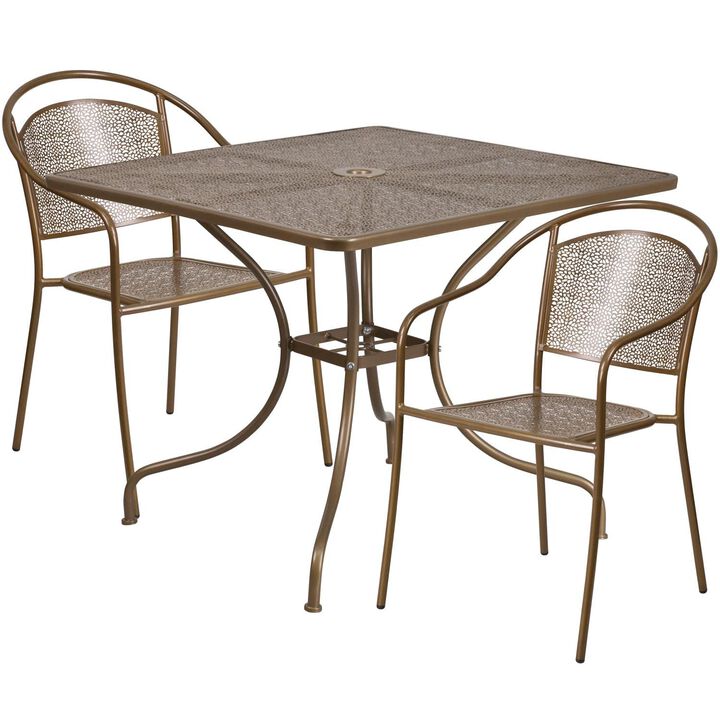 Flash Furniture Oia Commercial Grade 35.5" Square Gold Indoor-Outdoor Steel Patio Table Set with 2 Round Back Chairs
