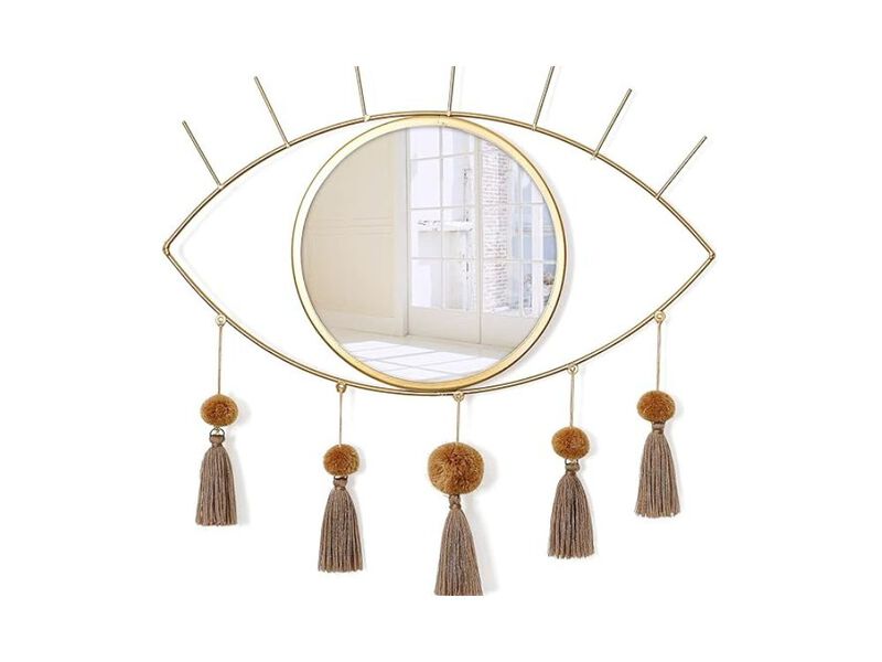 Boho Evil Eye Wall Mirror &ndash; Gold Metal Frame with Tassels