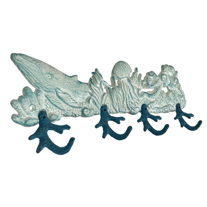 Cast Iron Sealife Plaque with 4 Coral Hooks - Nautical Wall Decor for Coastal Homes - Perfect for Keys, Coats, Bags - 15.5" x 5.75" Sturdy Ocean-Themed Organizer