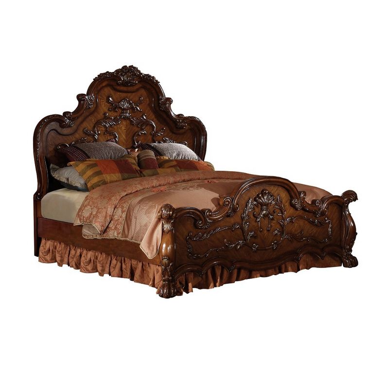 Queen Size Bedroom Set, Wood Design, Brown Finish, 5-Piece Set with Bed, 2 Nightstands, Dresser and Mirror image number 2