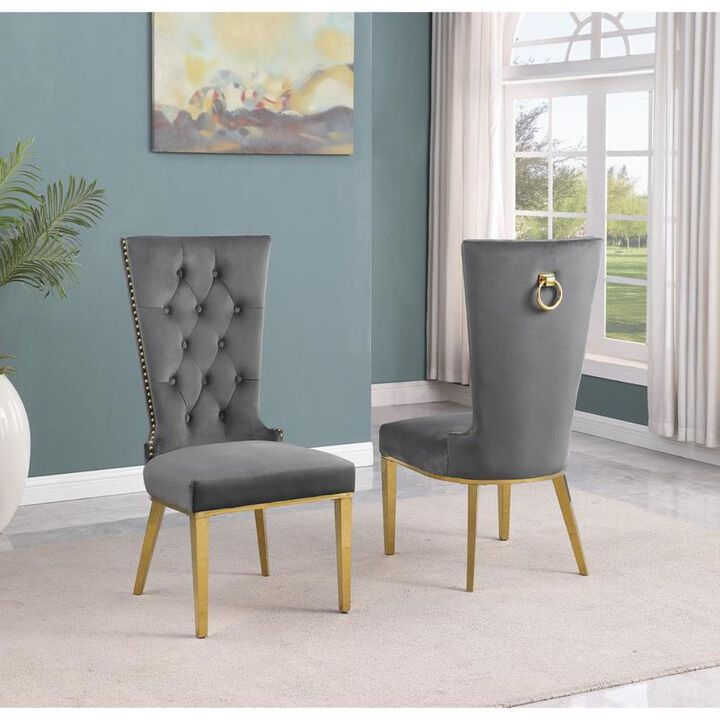 Dark Gray velvet side chair with gold stainless steel base - Set of 2