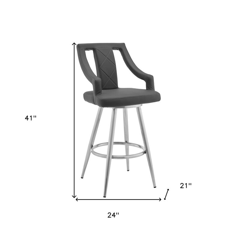 HomeRoots 25" Gray and Silver Faux Leather and Iron Counter Height Swivel Bar Chair image number 3
