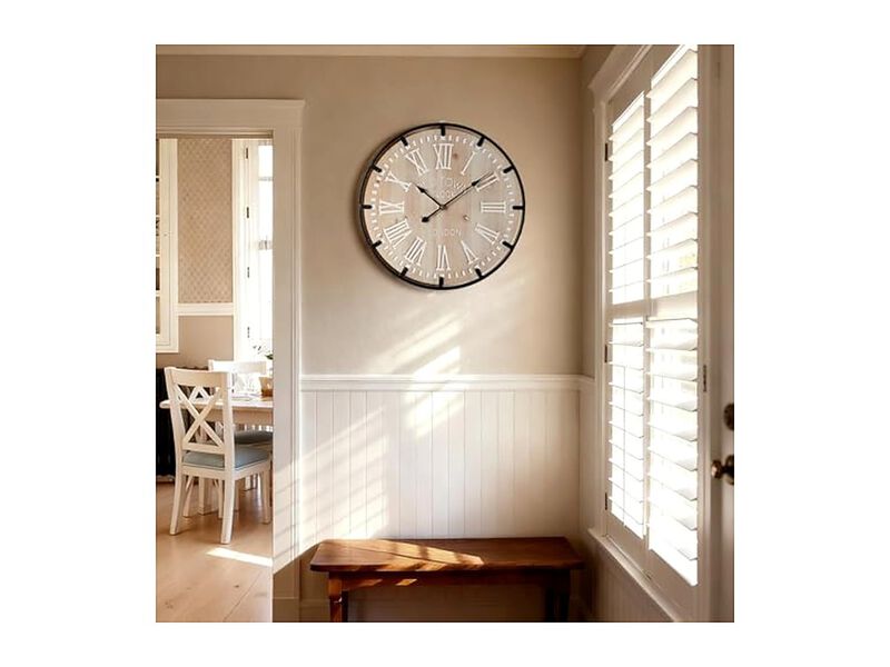 Farmhouse Metal Circle Wood Bedrooms Wall Clock 24 Inch Silent Battery Operated image number 3