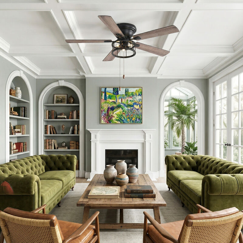 Breezary 52-inch Flush Mount Matte Black Industrial Ceiling Fan with Pull Chain(5-blade) image number 7