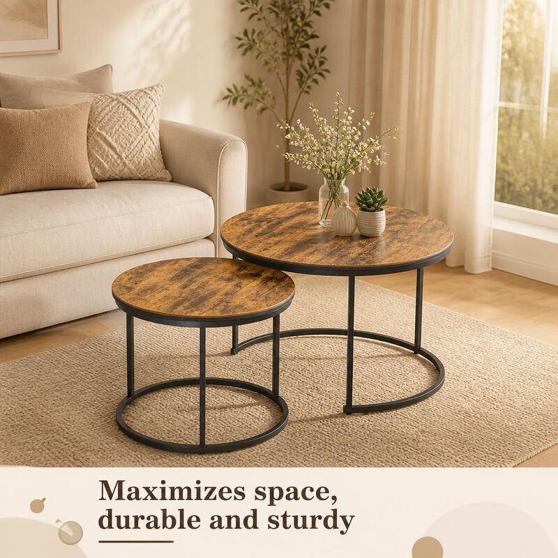 GOODSILO Round Nesting Coffee Table Set of 2, Space-Saving Stackable Side Tables with Marble Pattern Top and Sturdy Metal Frame for Living Room Bedroom Balcony image number 4