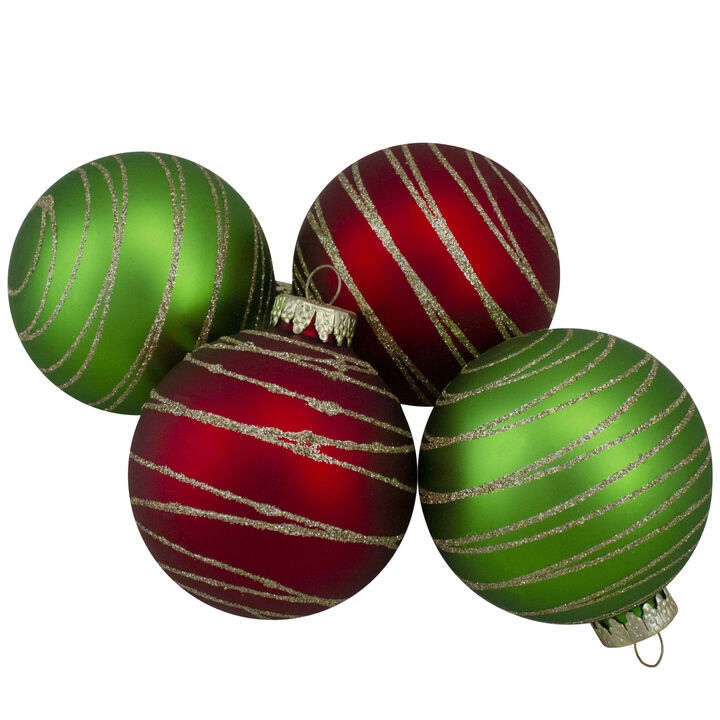 4ct  Glass Red and Green Matte Christmas Ball Ornaments 3.25-Inch (80mm)