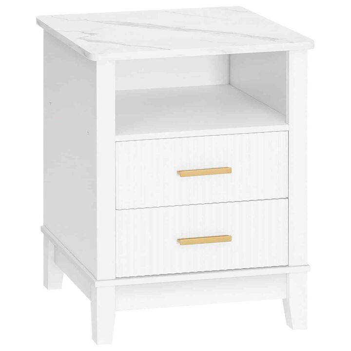 Nightstand with 2 Drawers, LED Light Strip and Storage End Table -White