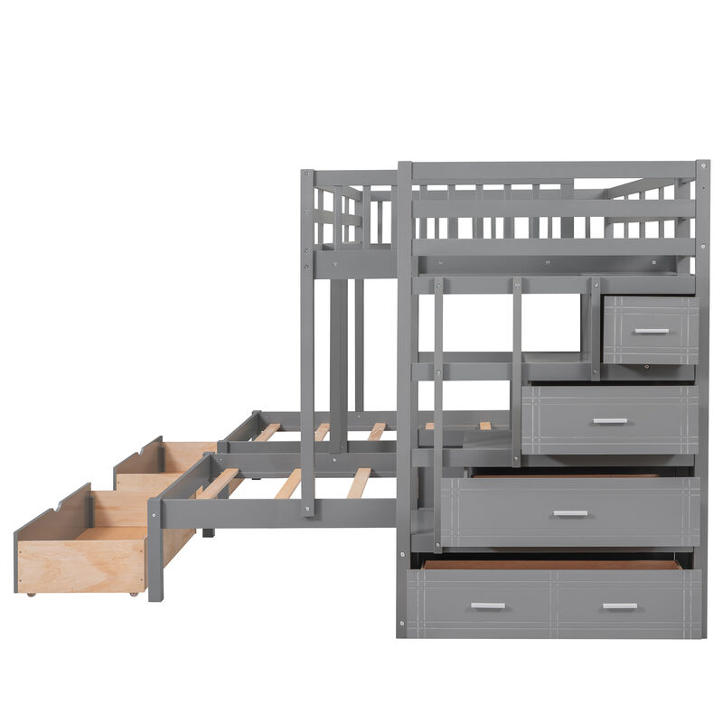 Whisen Full Over Twin & Twin Bunk Bed, Wood Triple Bunk Bed with Drawers and Guardrails- White