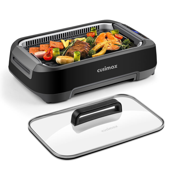 Cusimax 1500W Smokeless Indoor Grill with LED Smart Display & Non-stick Removable Grill Plate, Tempered Glass Lid, Turbo Smoke Extractor