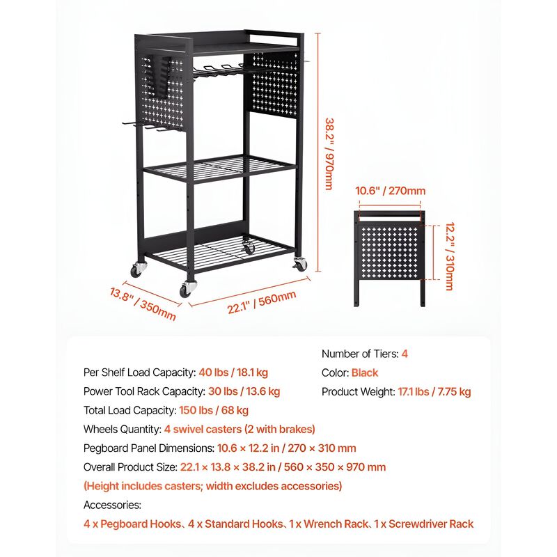 Heavy Duty 4-Tier Rolling Workshop Tool Cart with Drill Holder and Storage Shelves-Black image number 2