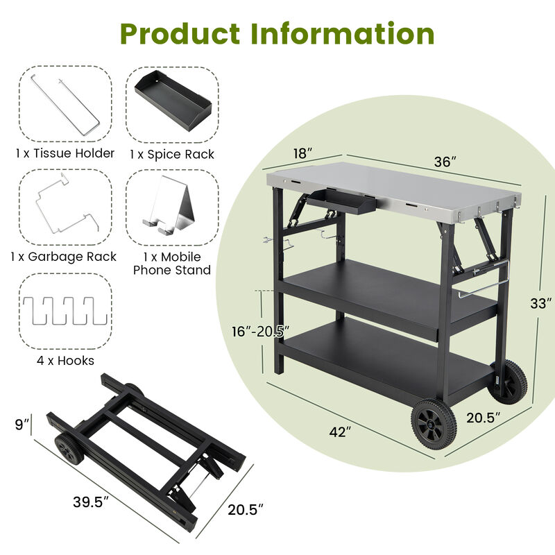 3 Tiers Foldable Outdoor Cart on 2 Wheels with Phone Holder-Black