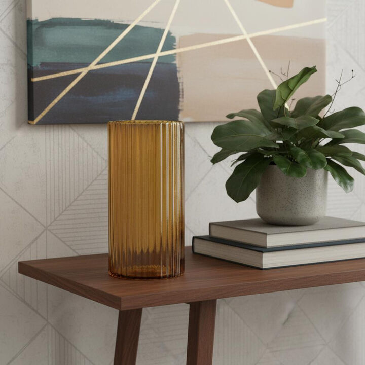 HomeRoots 11" Amber Glass Ribbed Cylinder Table Vase