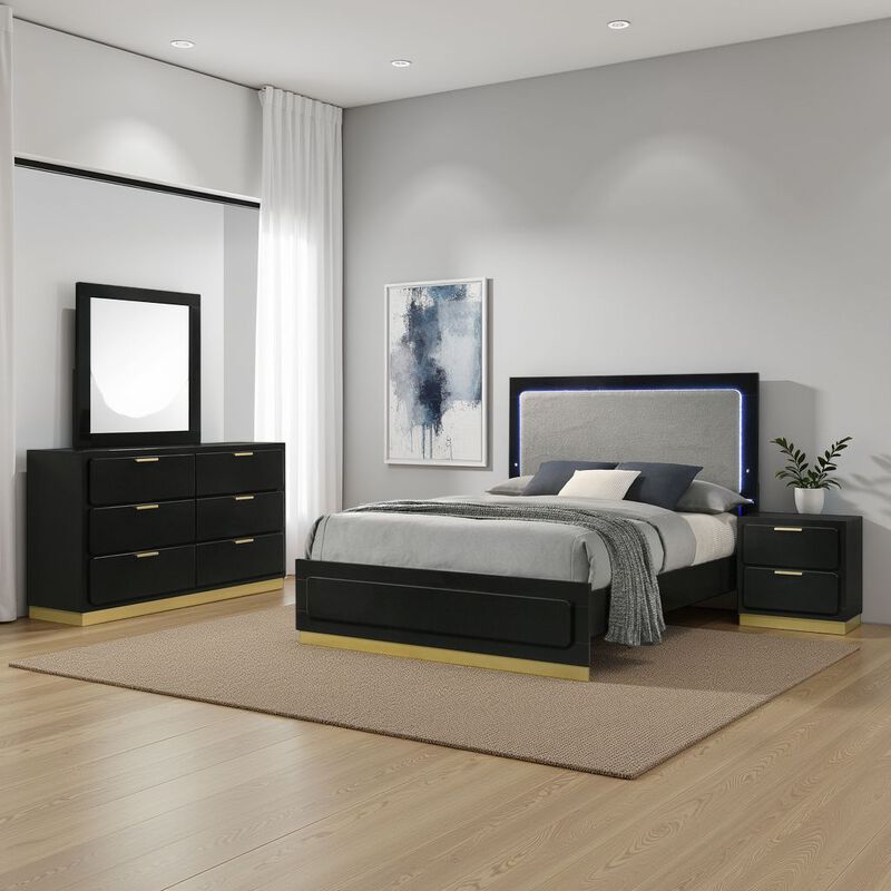 Caer 4pc Queen Bedroom Set in Black, Gold Accents, Gray Upholstery