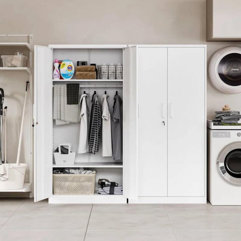 Hivvago White Metal Locking Wardrobe Armoire Cabinet with Clothing Hanging Rod
