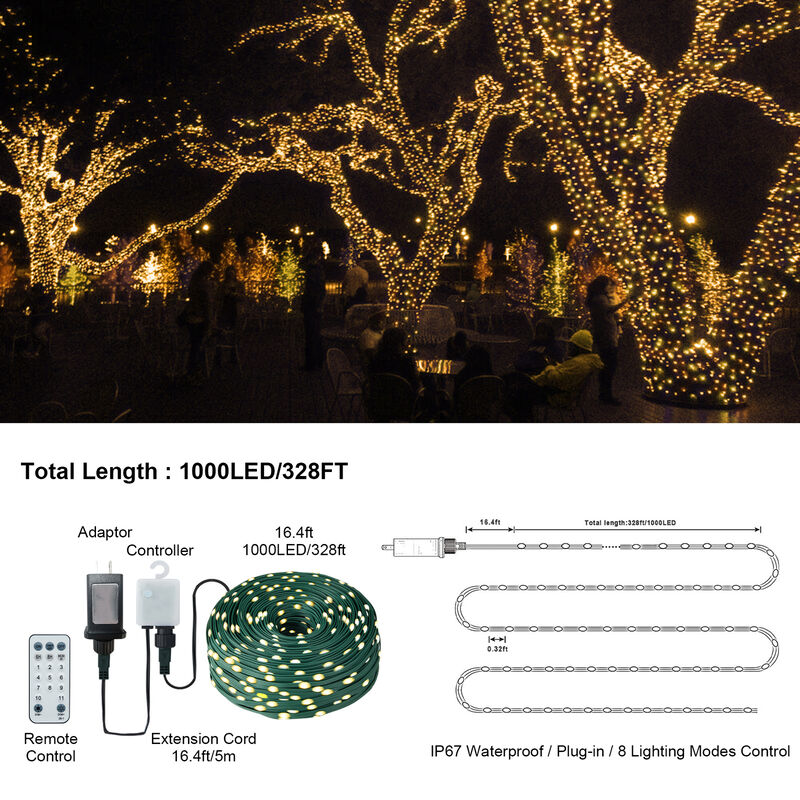 1000 LED Christmas Rope Lights with 8 Modes for Outdoor Decoration image number 2
