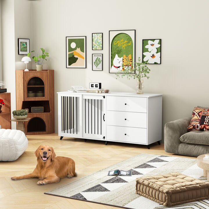 Dog House Furniture Style Dog Crate Storage Cabinet, Large Dog Crate with 3-Drawers for Large Medium Small Dogs, White