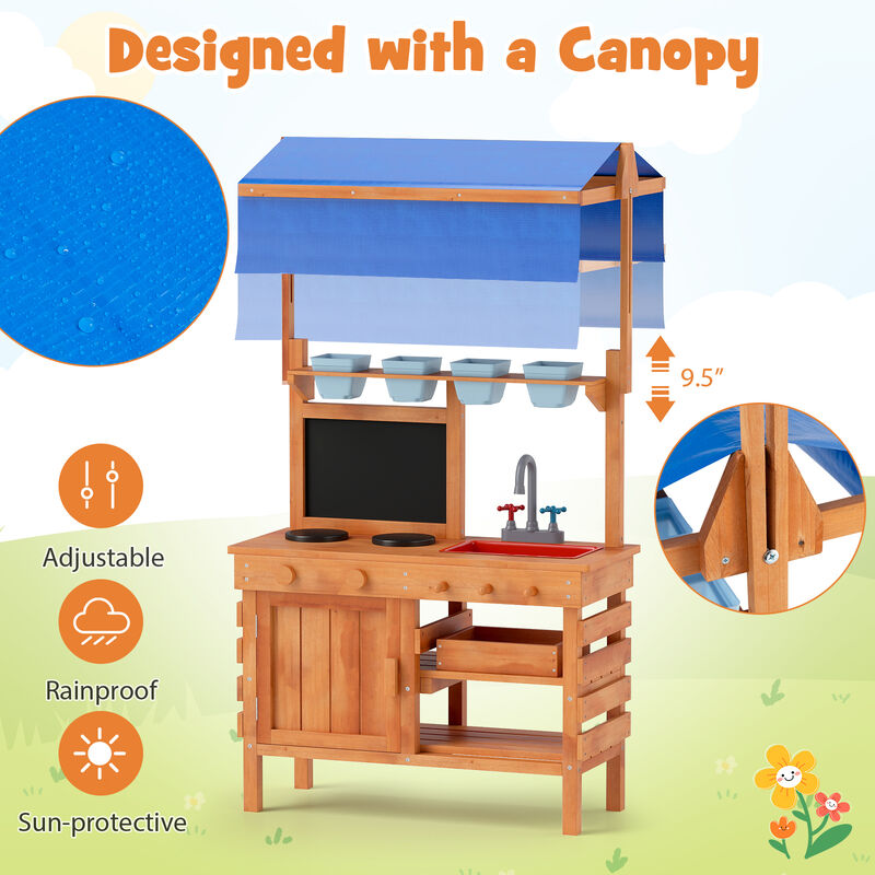 Kids Wooden Pretend Kitchen Play Set with Adjustable Canopy for Creative Play