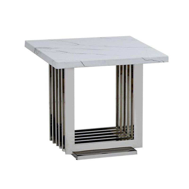 Best Quality Furniture White marble top end table with a silver color stainless steel base