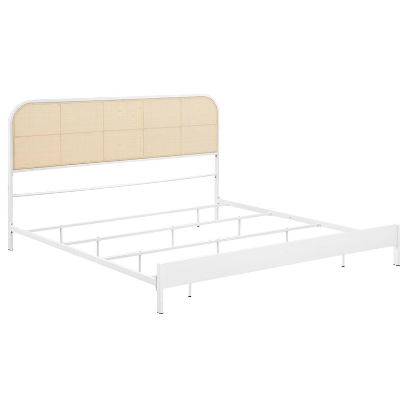 Ammy King Bed, Radio Weave Headboard, Brown Faux Rattan, White Metal  - Benzara