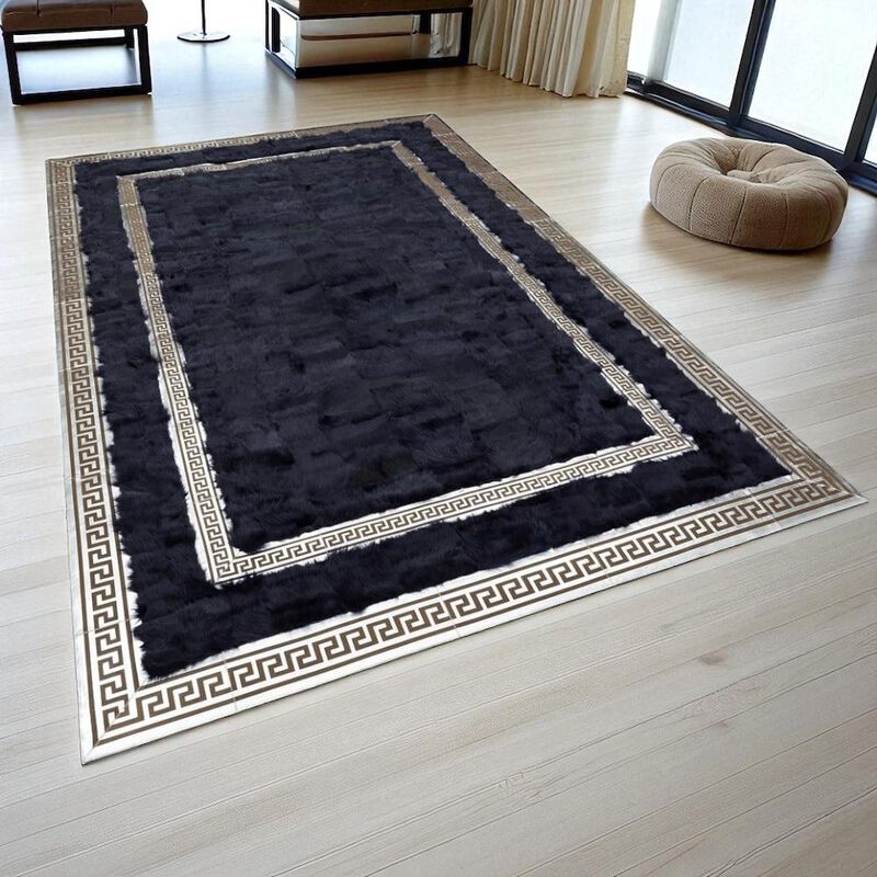 Black Toscana Sheepskin Rug with Greek Key Border, Custom Luxury Fur Carpet for Living Room or Office, Handmade Hallway Area Rug image number 2