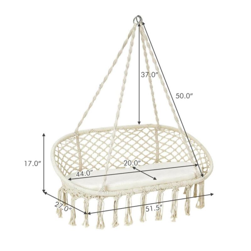 Hivvago 2 Person Hanging Hammock Chair Macrame Swing with Zippered Cushion