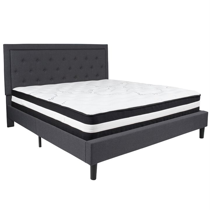 Roxbury King Size Tufted Upholstered Platform Bed in Dark Gray Fabric with Pocket Spring Mattress