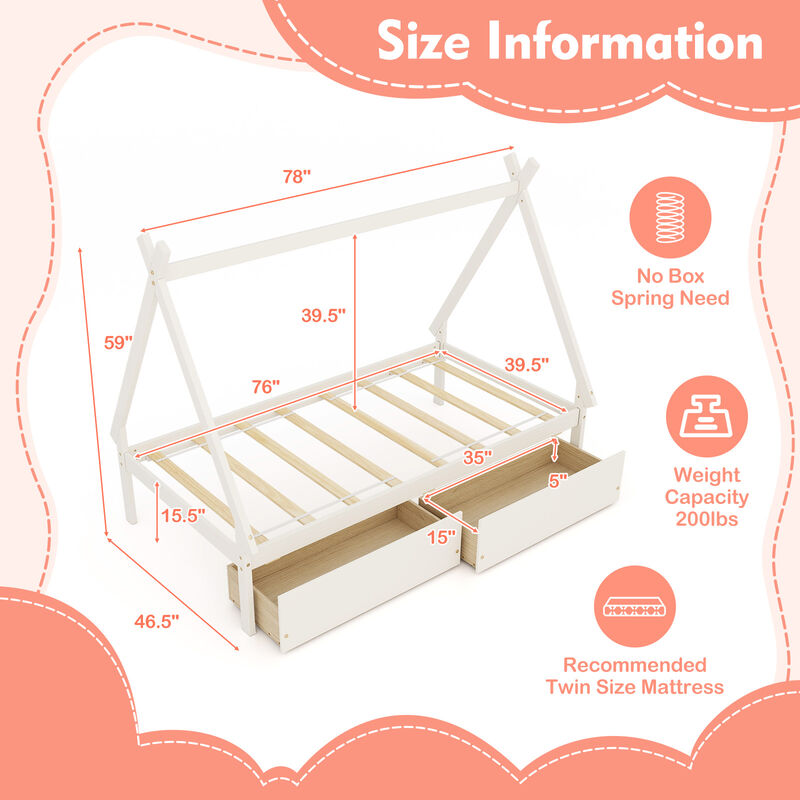 Wooden Tent House Bed with 2 Drawers &ndash; Fun and Stylish Kids&rsquo; Bedroom Furniture