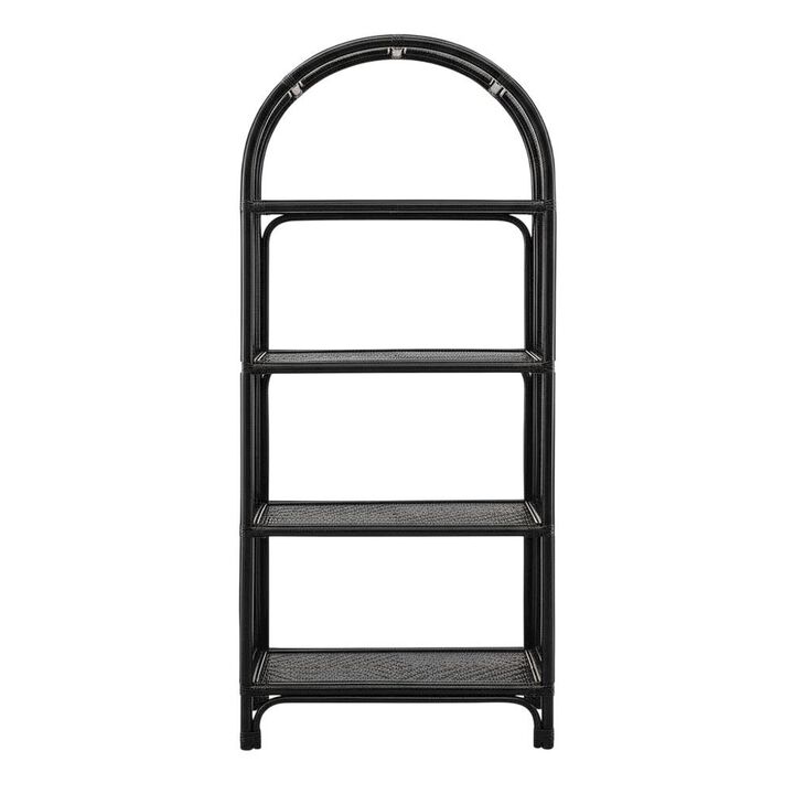 Black Arched Rattan Bookshelf with Slim Shelves and Natural Finish