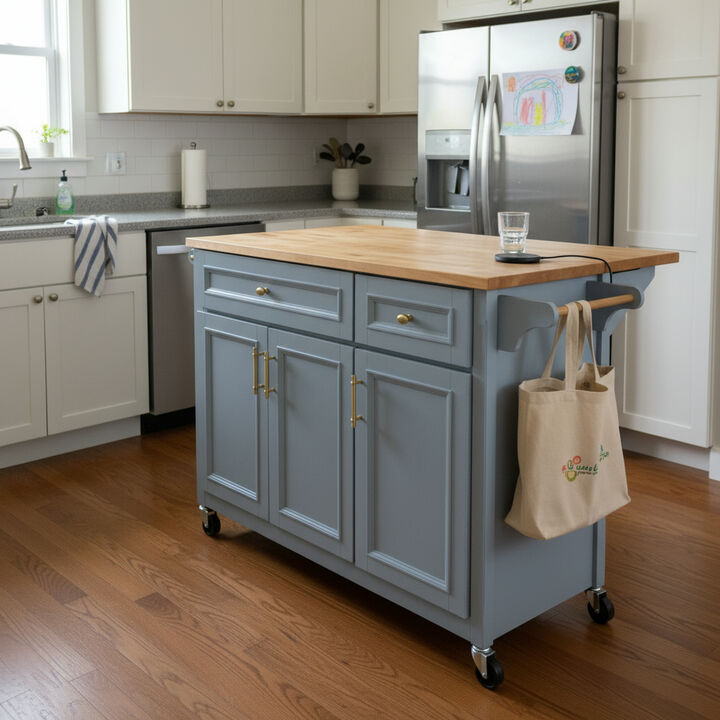 Whisen 52" Kitchen Island with Drop Leaf, 5 Drawers & 2 Doors, MDF & Oak Veneer, Retro Farmhouse Style for Kitchen