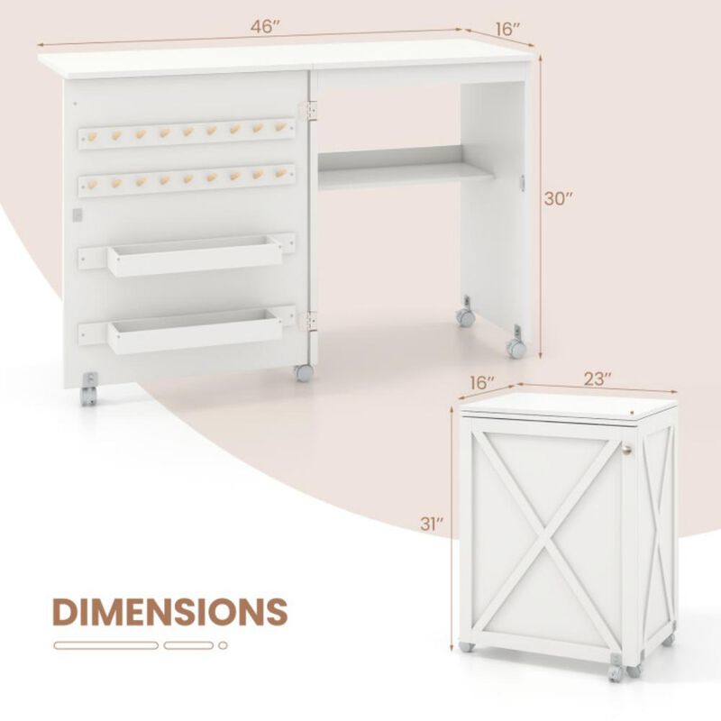 Folding Sewing Table with Storage Shelf and 5 Lockable Wheels for Craft Room Mobility