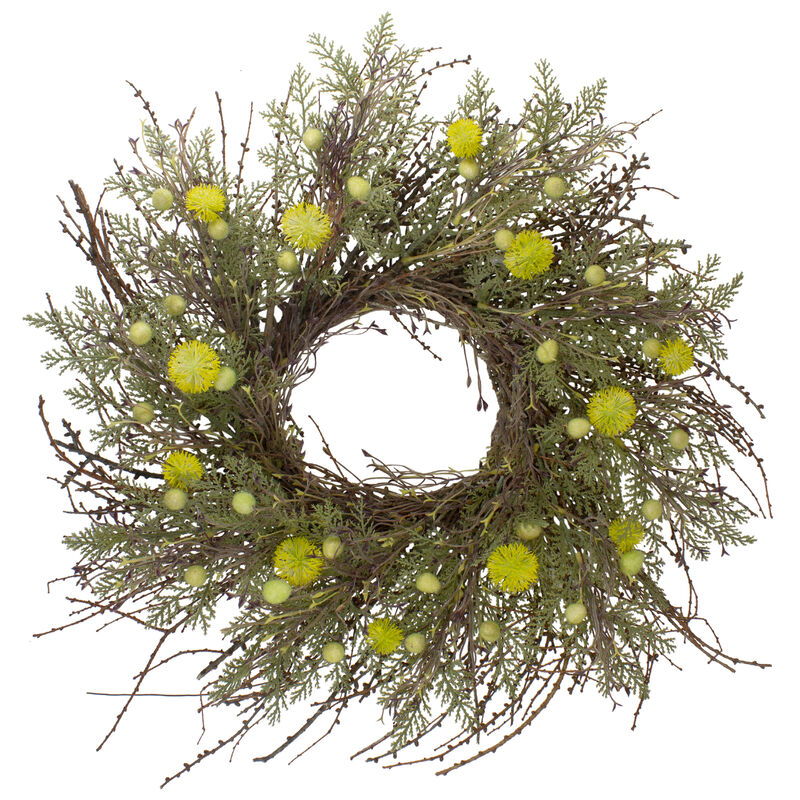 Burrs and Craspedia Artificial Twig Wreath  Yellow and Green - 20-Inch image number 1