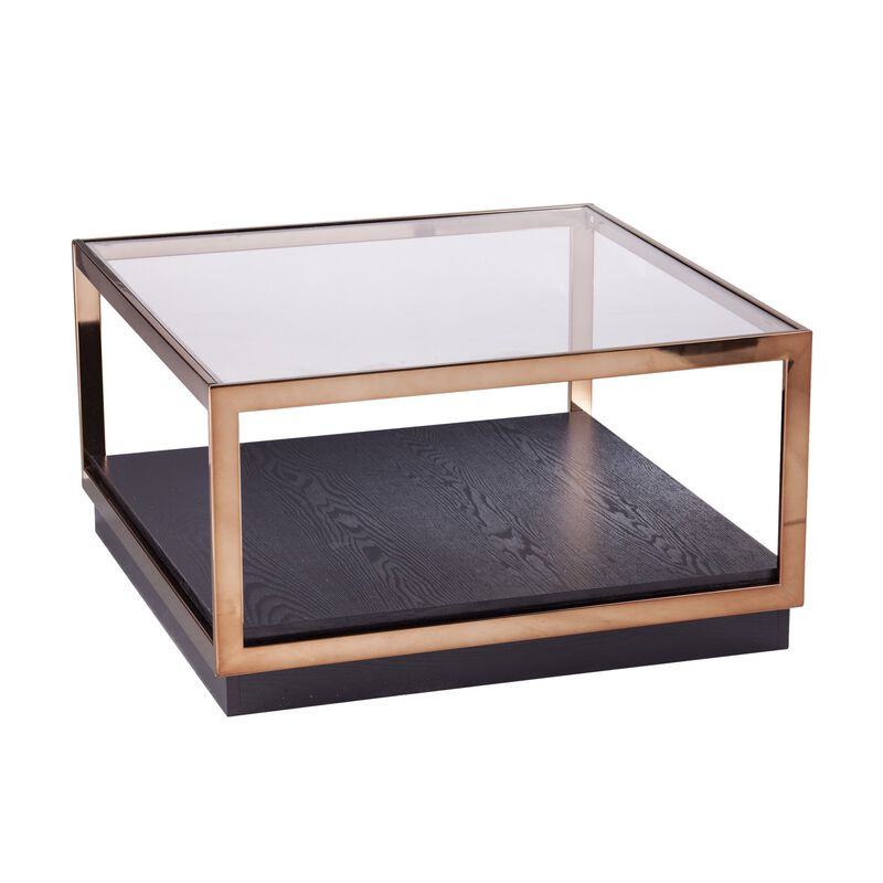 Homezia 33" Champagne Glass And Solid Manufactured Wood Square Coffee Table
