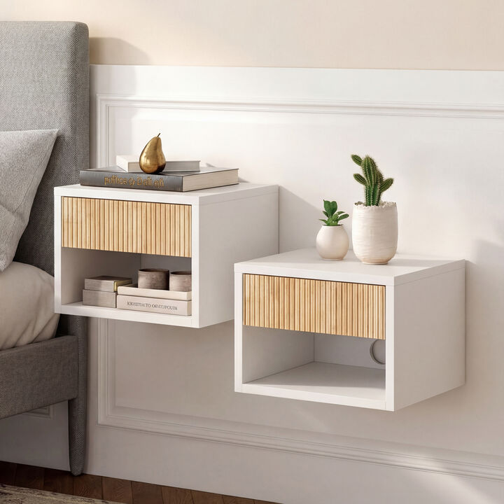 Elise Classic Contemporary Floating Wall Mounted Nightstand with Soft-Close Tambour Drawer and Cable Hole (Set of 2)