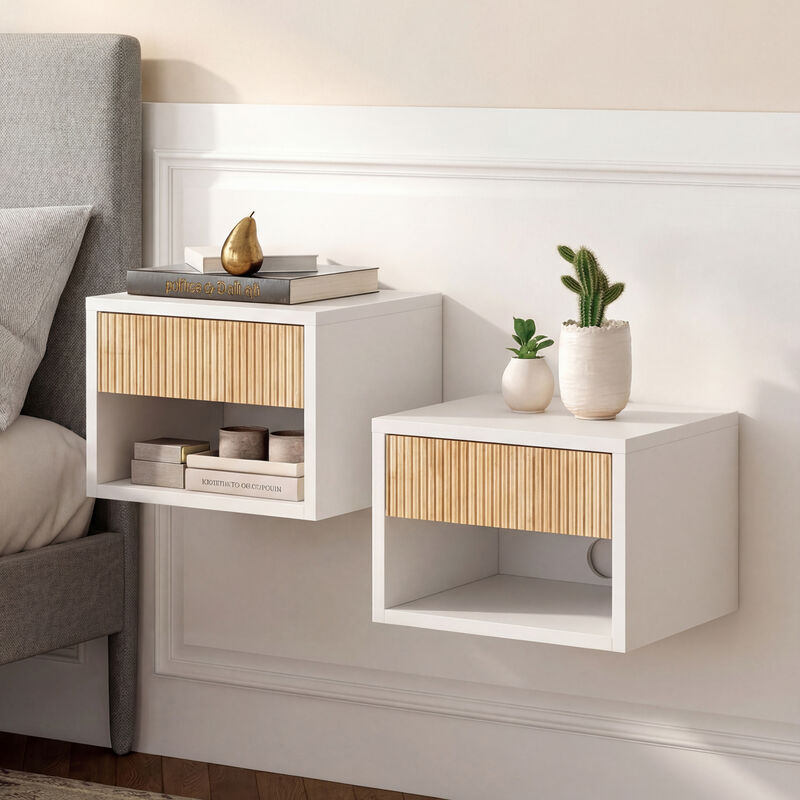 Elise Classic Contemporary Floating Wall Mounted Nightstand with Soft-Close Tambour Drawer and Cable Hole (Set of 2) image number 1
