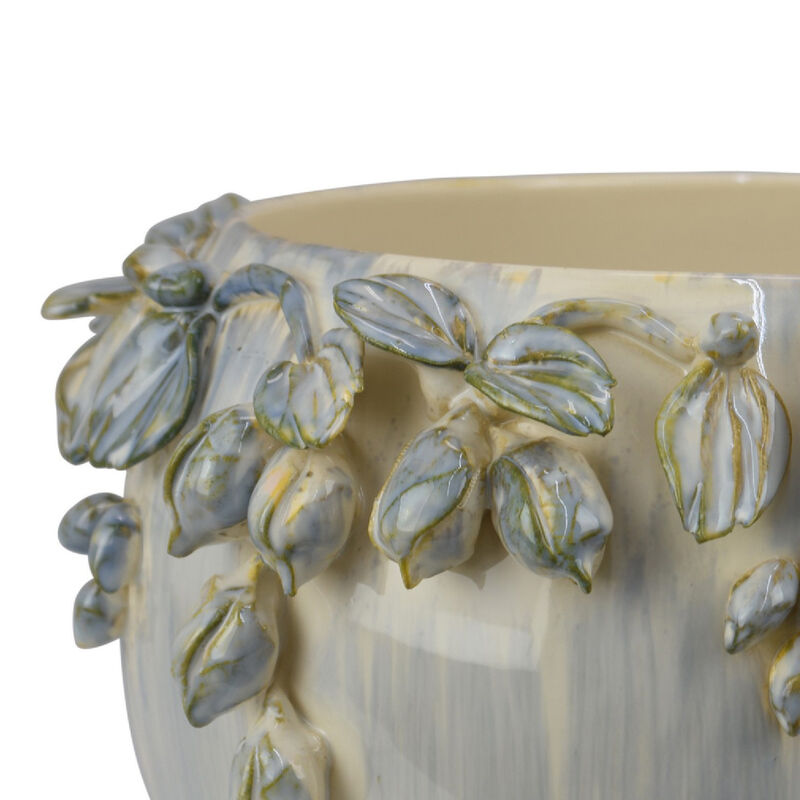 Decorative Bowl Planter, White Ceramic with Floral Garland Rim, 12 Inch image number 3