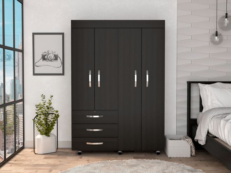 DEPOT E-SHOP Hamilton Mobile Armoire, Double Door Cabinet, Three Drawers, Rods, Two Shelves, Black image number 2